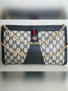 Authentic GUCCI GG Logo Vintage Clutch WOC Crossbody Leather Shoulder Bag Blue